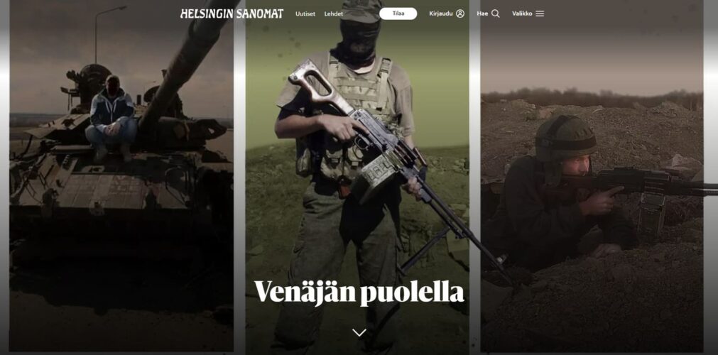 Cover image of an investigative article by Finnish Helsingin Sanomat named Venäjän puolella [On the Russian side]. An article supported by Joseph Jones that focuses on foreign fighters who had gone to fight for Russia-aligned militias in occupied eastern Ukraine..