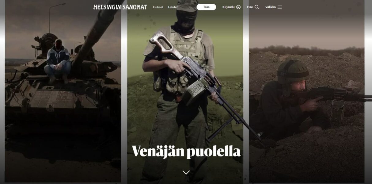 Cover image of an investigative article by Finnish Helsingin Sanomat named Venäjän puolella [On the Russian side]. An article supported by Joseph Jones that focuses on foreign fighters who had gone to fight for Russia-aligned militias in occupied eastern Ukraine..