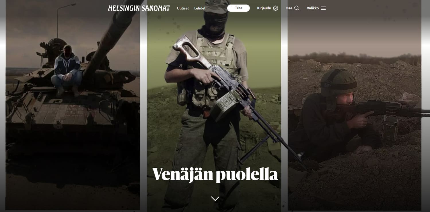 Cover image of an investigative article by Finnish Helsingin Sanomat named Venäjän puolella [On the Russian side]. An article supported by Joseph Jones that focuses on foreign fighters who had gone to fight for Russia-aligned militias in occupied eastern Ukraine..