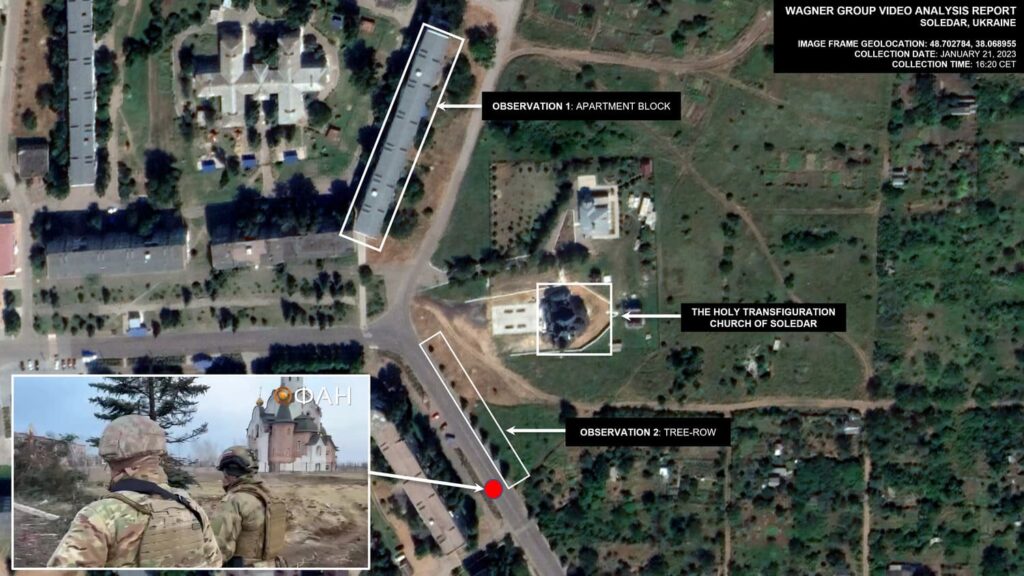 Video analysis report showing a satellite image of Soledar and the position of Evgeny Prigozhin.